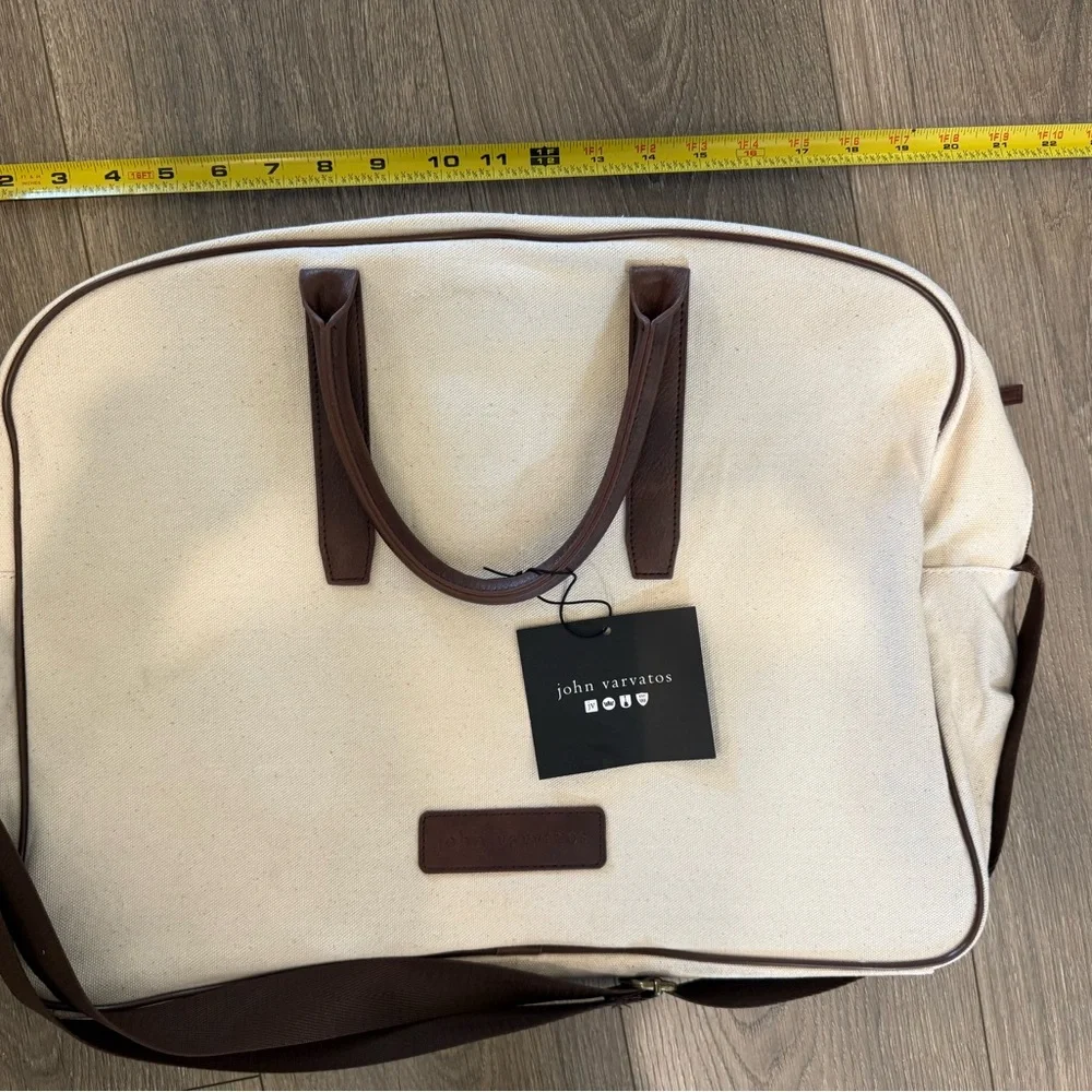 NEW John Varvatos Canvas Crossbody Messenger Travel Bag Duffle Cream Brown